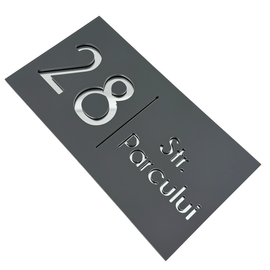 PREMIUM HOUSE NUMBER - Satin Grey Silver Mirror - 28×15 cm