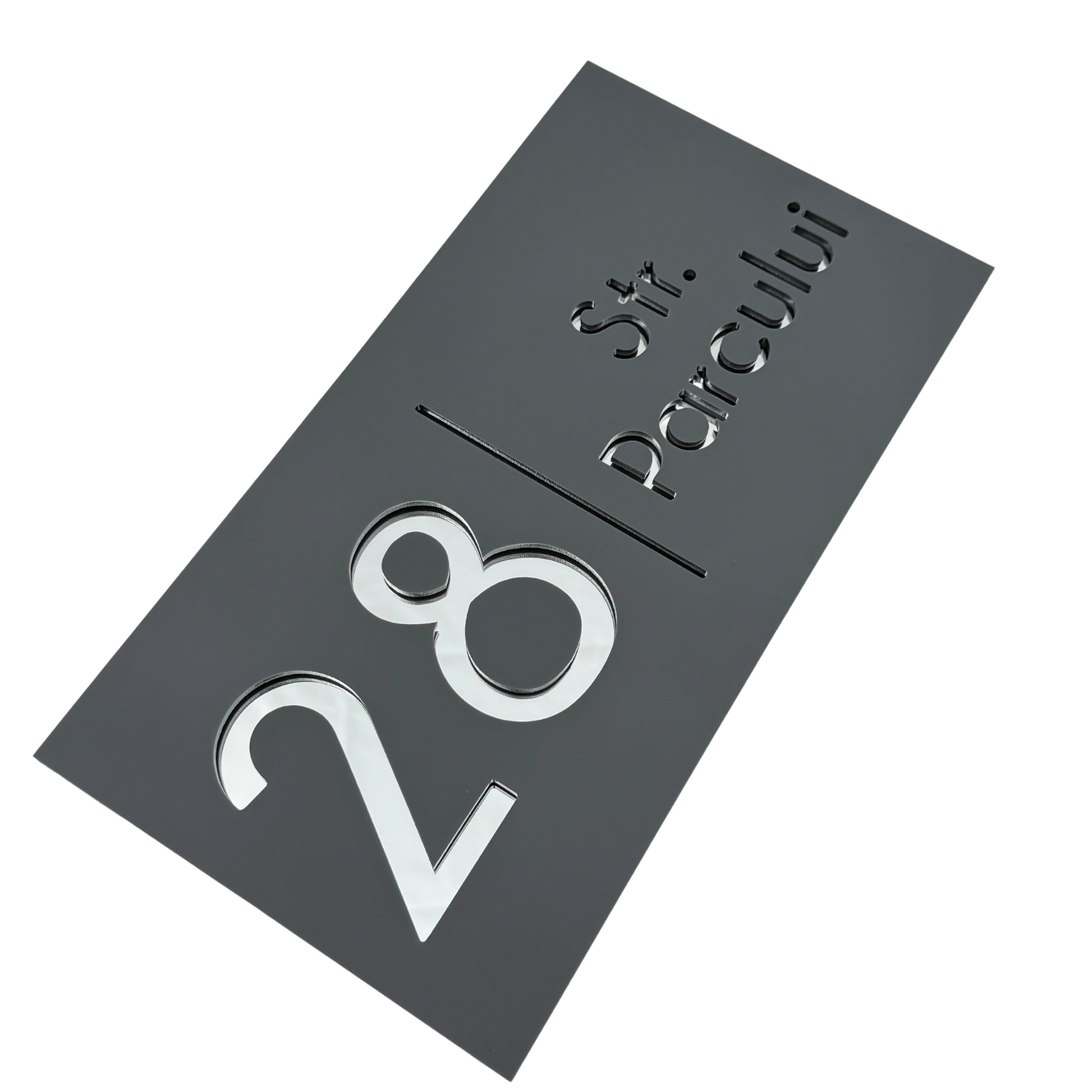 PREMIUM HOUSE NUMBER - Satin Grey Silver Mirror - 28×15 cm