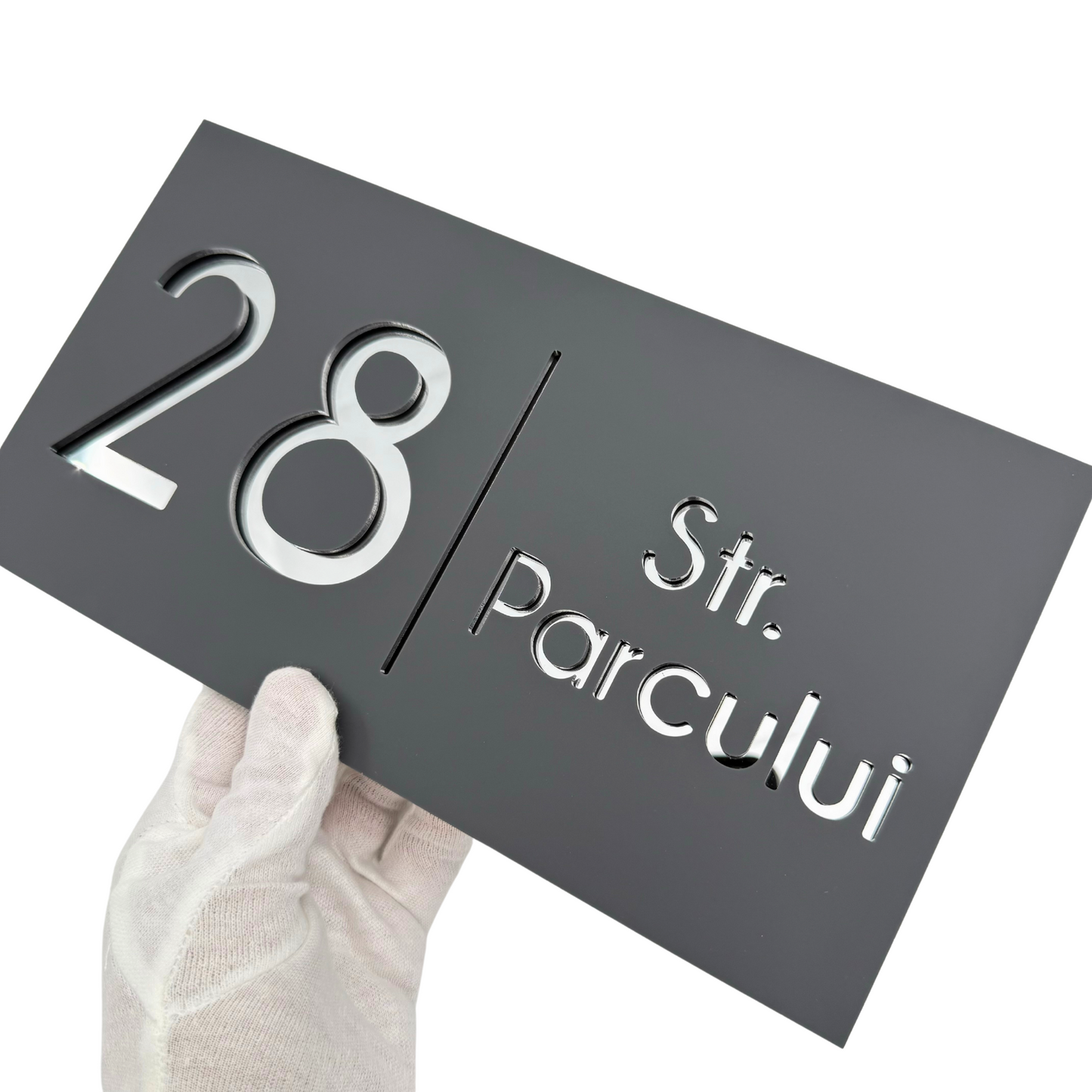 PREMIUM HOUSE NUMBER - Satin Grey Silver Mirror - 28×15 cm
