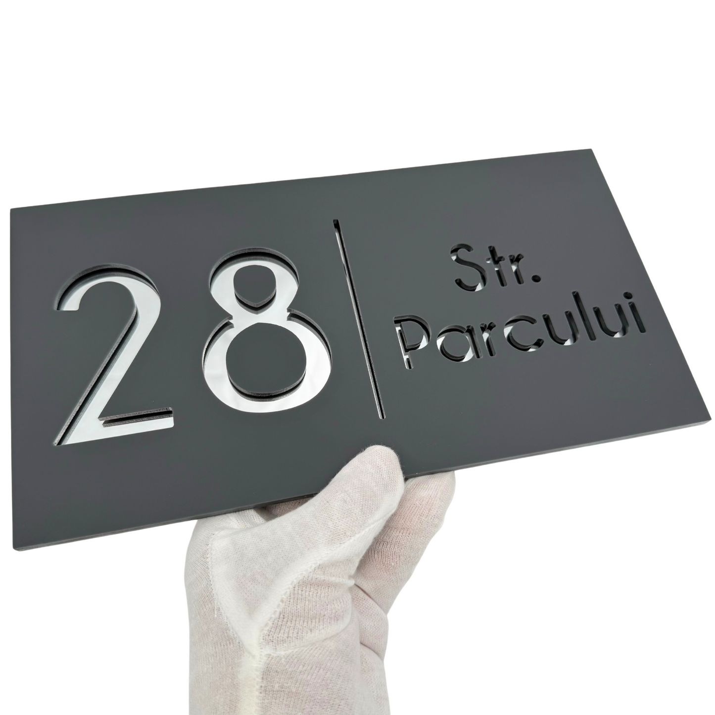 PREMIUM HOUSE NUMBER - Satin Grey Silver Mirror - 28×15 cm