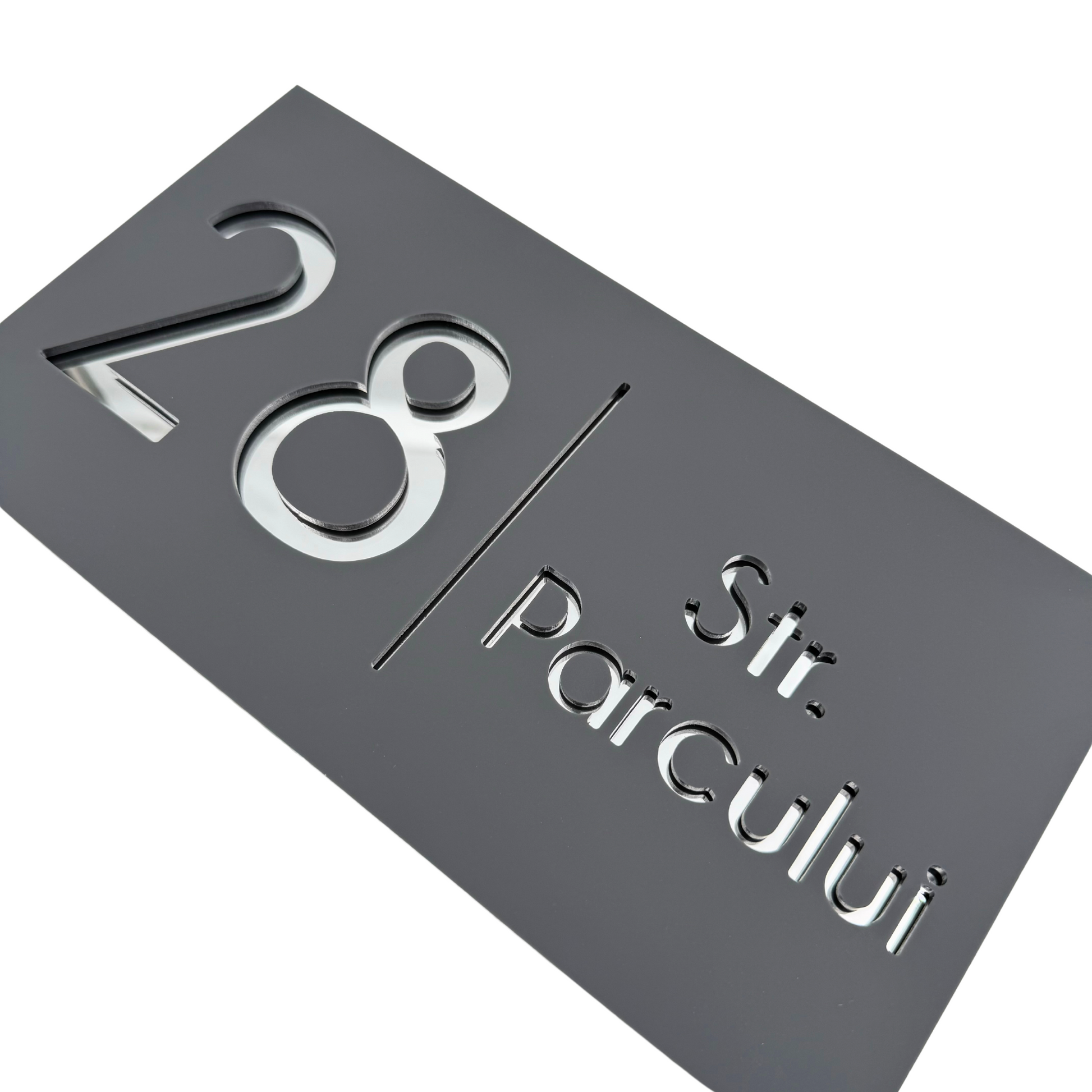 PREMIUM HOUSE NUMBER - Satin Grey Silver Mirror - 28×15 cm