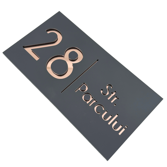 PREMIUM HOUSE NUMBER - Satin Grey Rose Gold Mirror - 28×15 cm