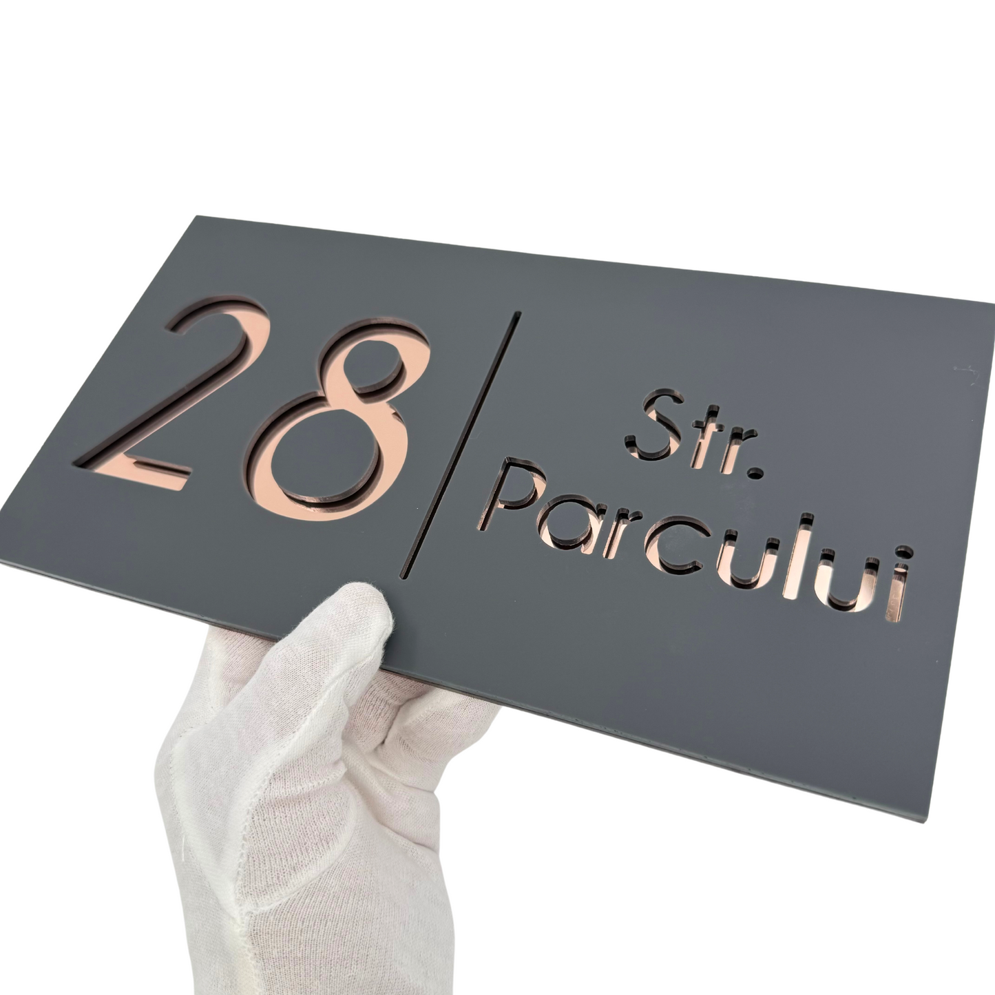 PREMIUM HOUSE NUMBER - Satin Grey Rose Gold Mirror - 28×15 cm