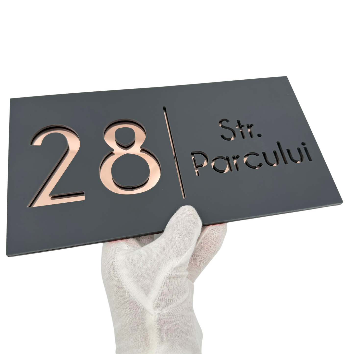 PREMIUM HOUSE NUMBER - Satin Grey Rose Gold Mirror - 28×15 cm