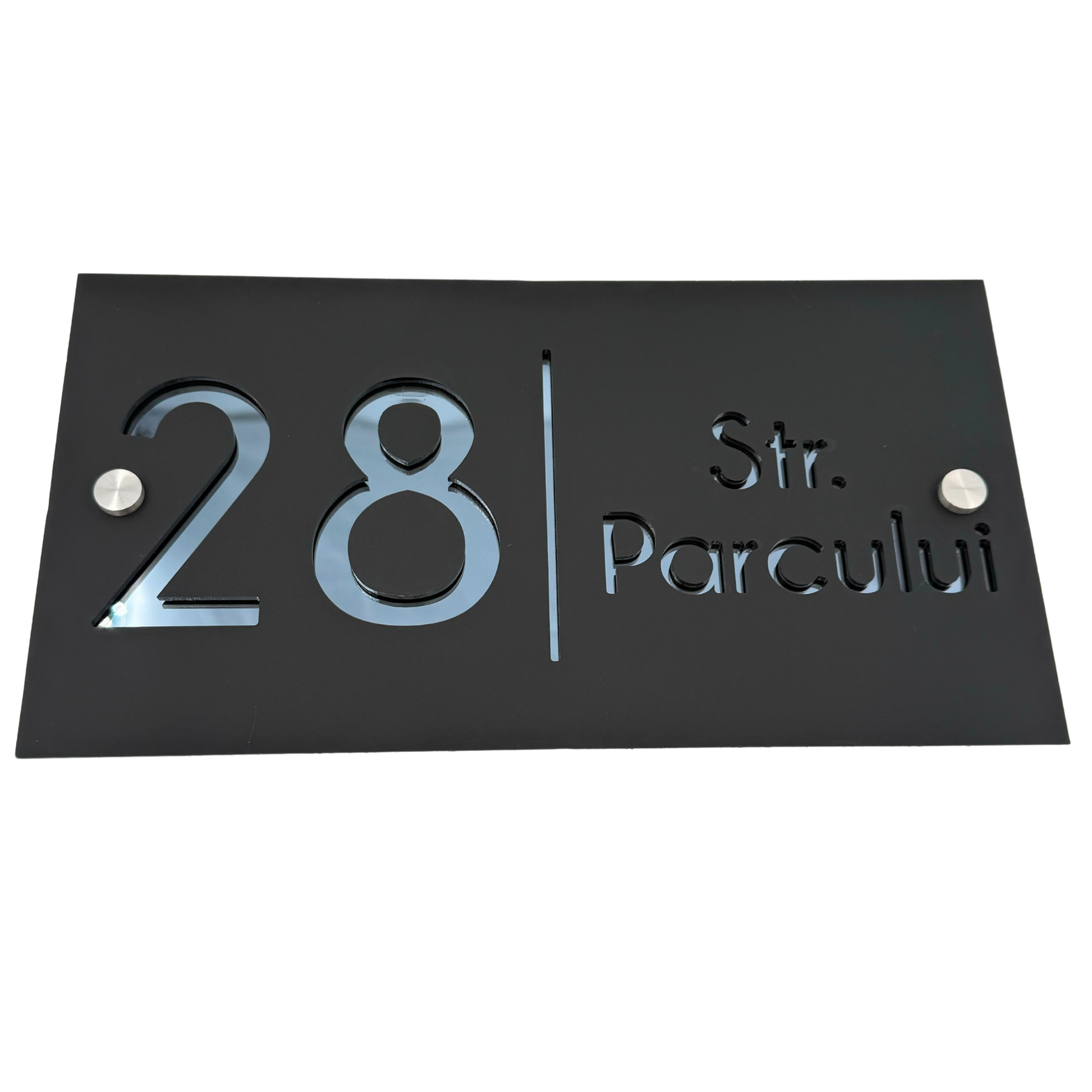 PREMIUM HOUSE NUMBER - Satin Black Anthracite Grey Mirror 2 Spacers Silver - 28×15 cm