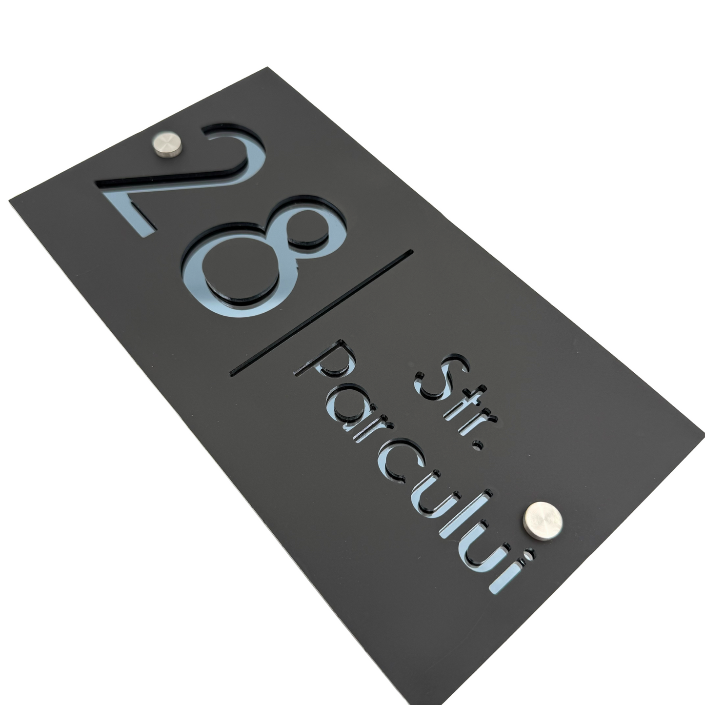 PREMIUM HOUSE NUMBER - Satin Black Anthracite Grey Mirror 2 Spacers Silver - 28×15 cm