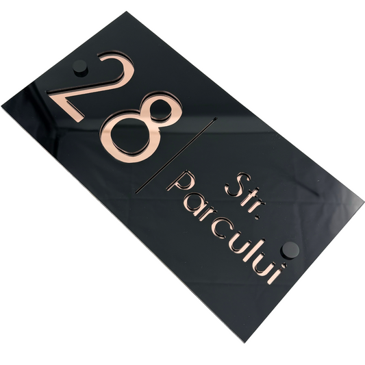 PREMIUM HOUSE NUMBER - Glossy Black Rose Gold Mirror 2 Spacers NeGreyi - 28×15 cm