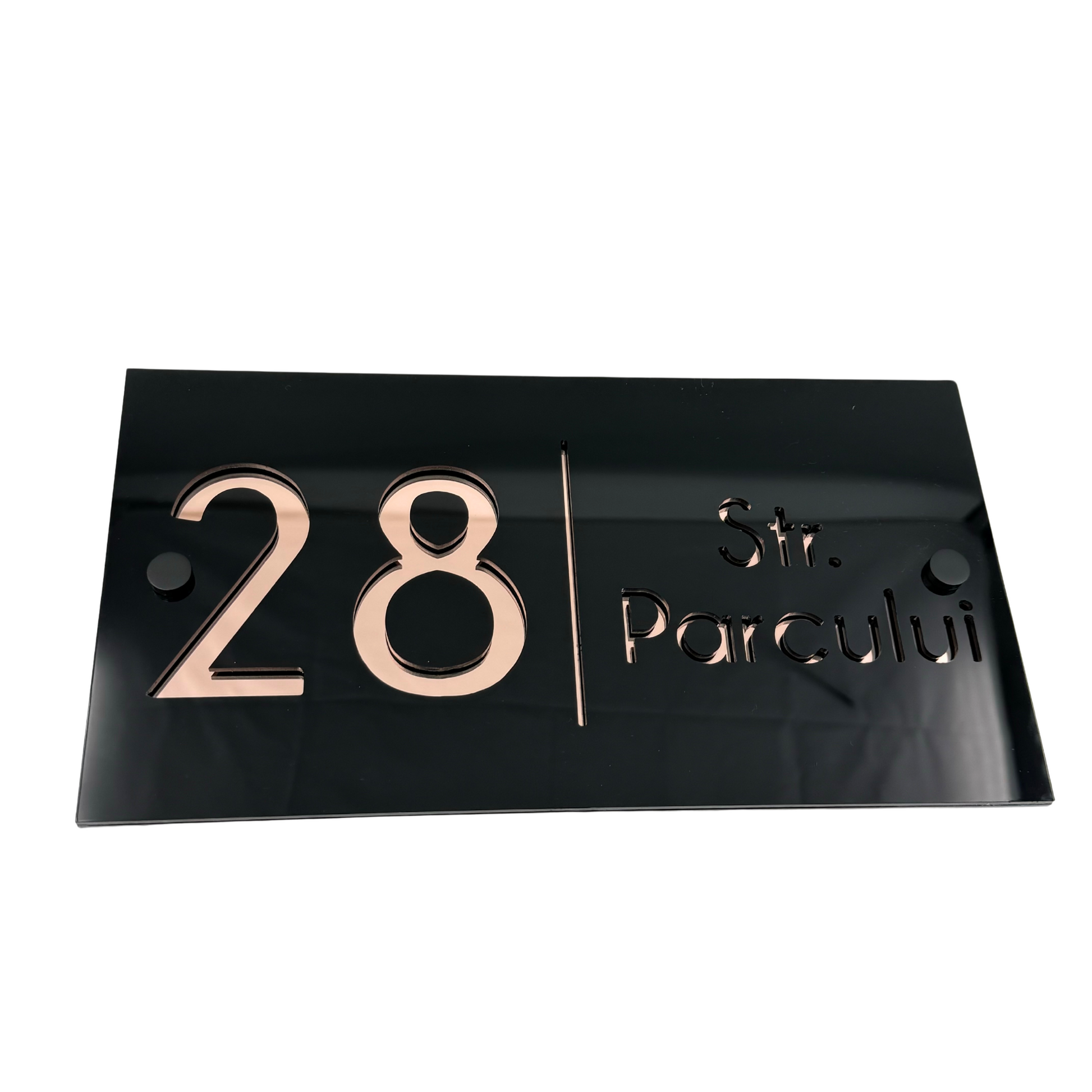 PREMIUM HOUSE NUMBER - Glossy Black Rose Gold Mirror 2 Spacers NeGreyi - 28×15 cm