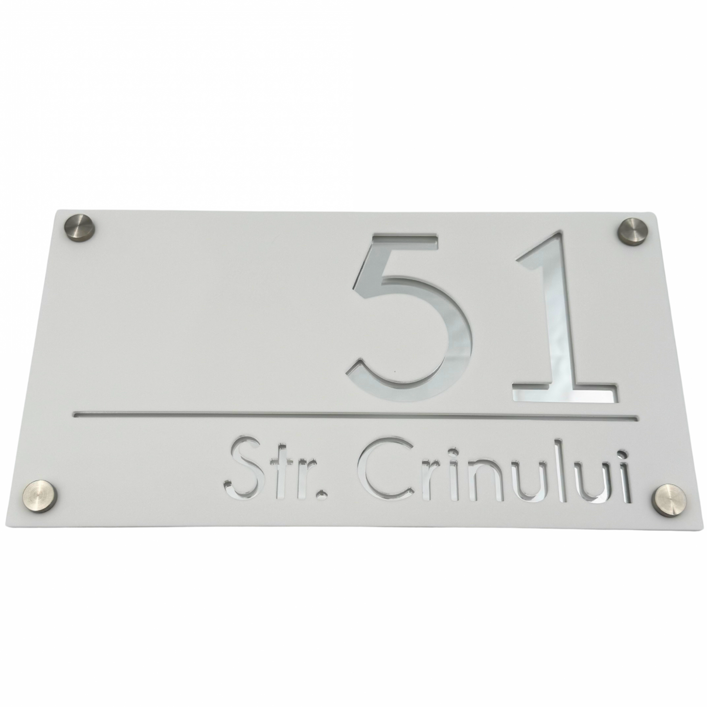 PREMIUM HOUSE NUMBER - White Satin Silver Mirror 4 Spacers Silver - 28×15 cm