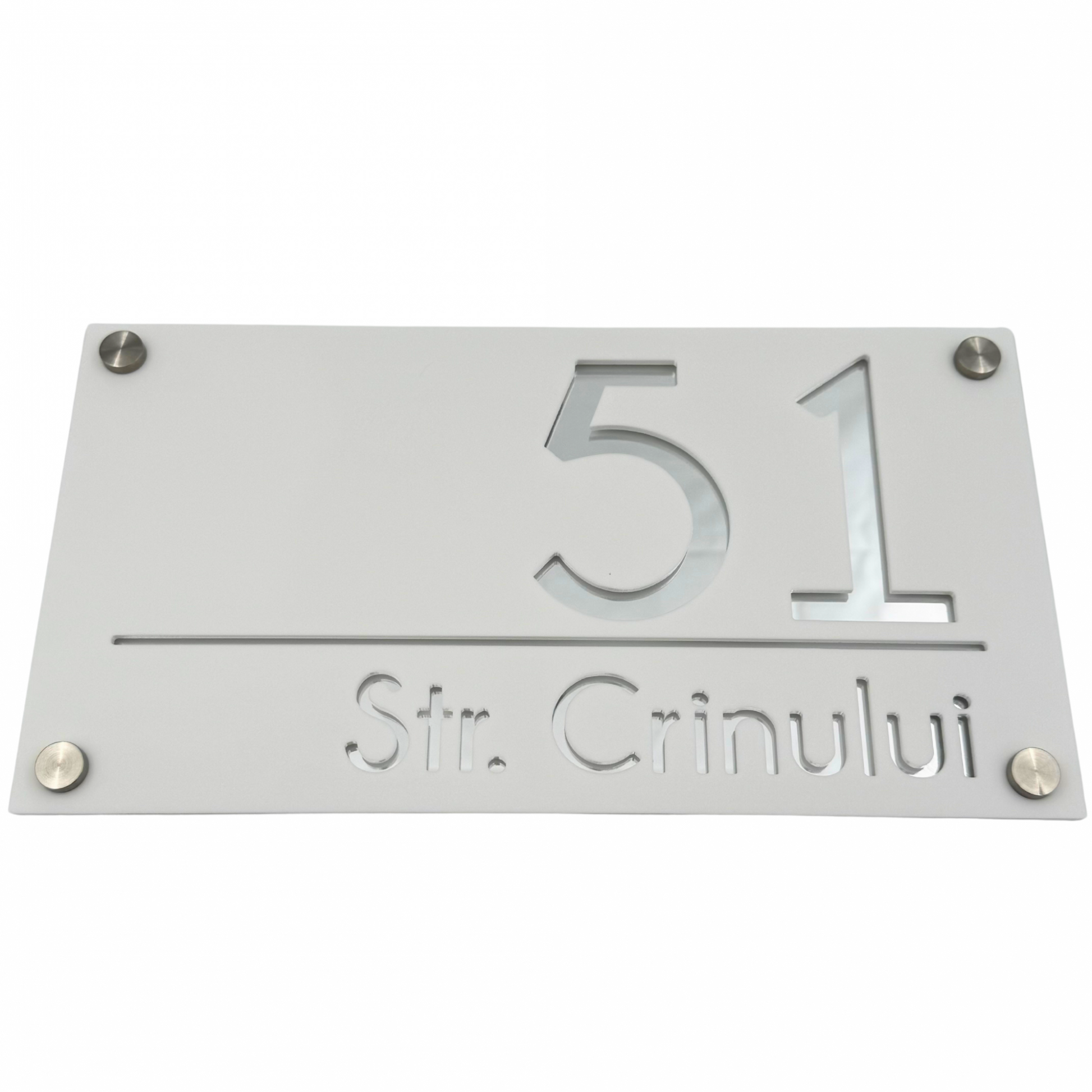 PREMIUM HOUSE NUMBER - White Satin Silver Mirror 4 Spacers Silver - 28×15 cm