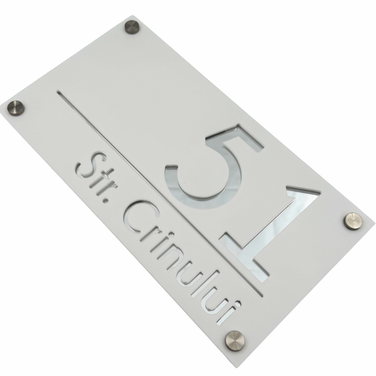 PREMIUM HOUSE NUMBER - White Satin Silver Mirror 4 Spacers Silver - 28×15 cm