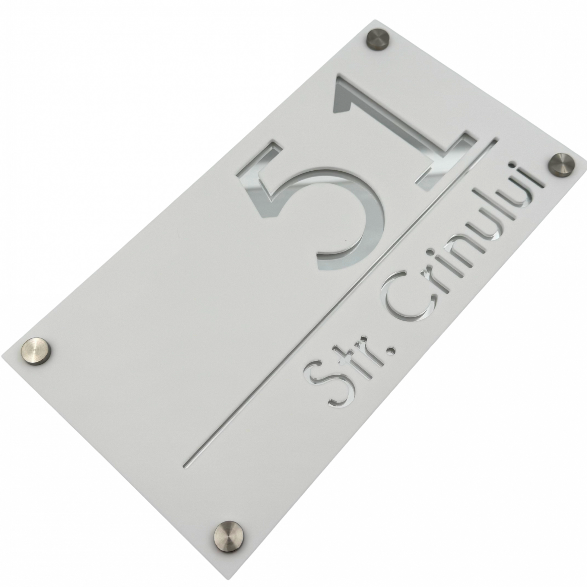 PREMIUM HOUSE NUMBER - White Satin Silver Mirror 4 Spacers Silver - 28×15 cm