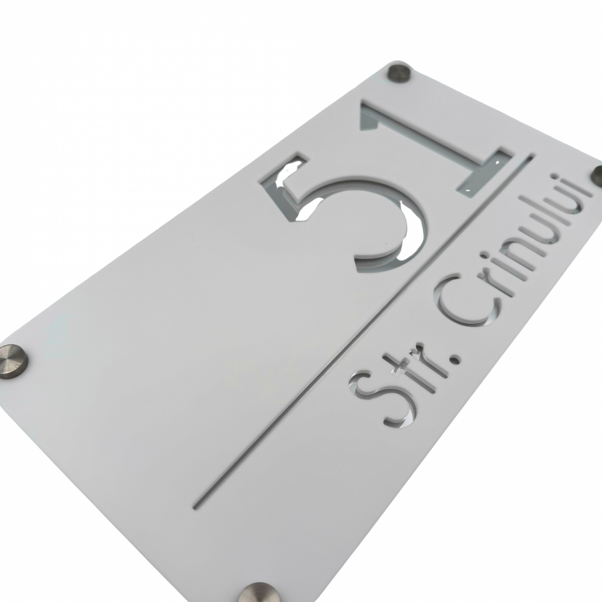 PREMIUM HOUSE NUMBER - White Satin Silver Mirror 4 Spacers Silver - 28×15 cm