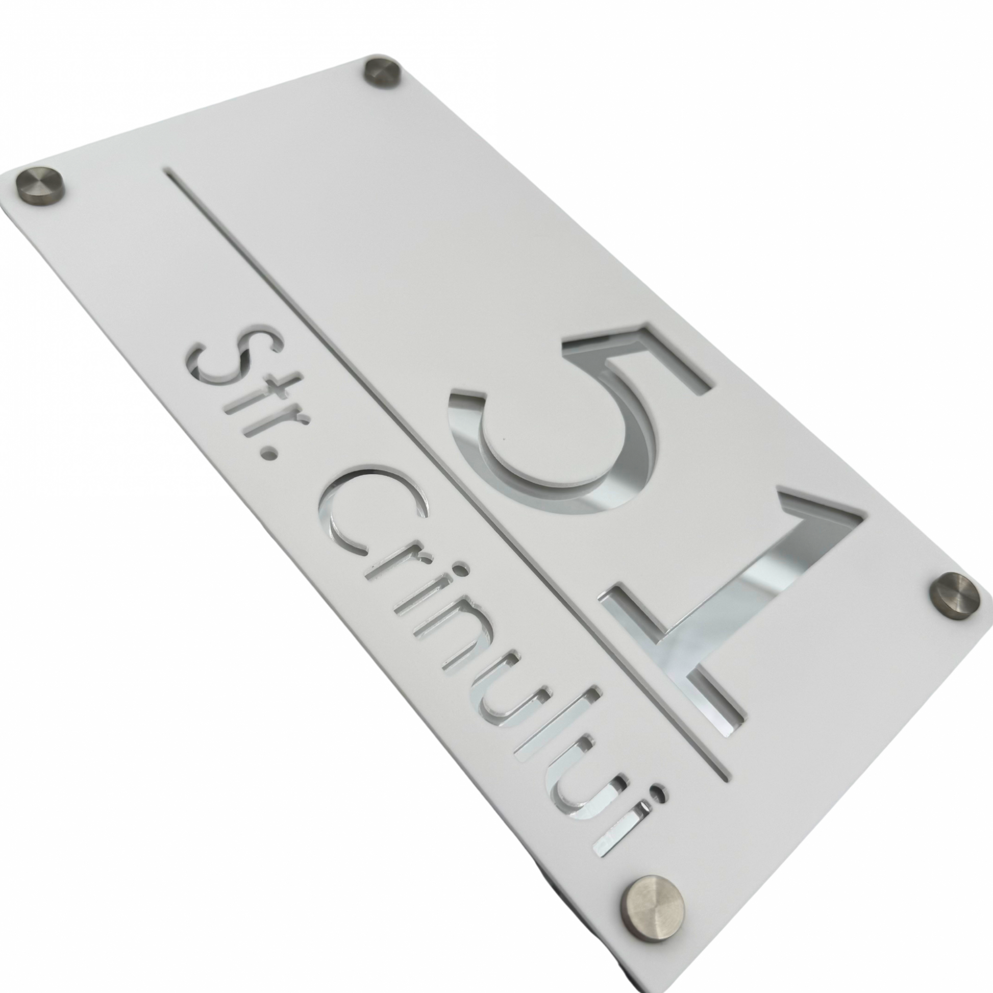 PREMIUM HOUSE NUMBER - White Satin Silver Mirror 4 Spacers Silver - 28×15 cm