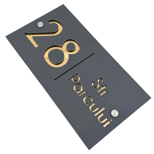 PREMIUM HOUSE NUMBER - Satin Grey Gold Mirror 2 Spacers Silver - 28×15 cm
