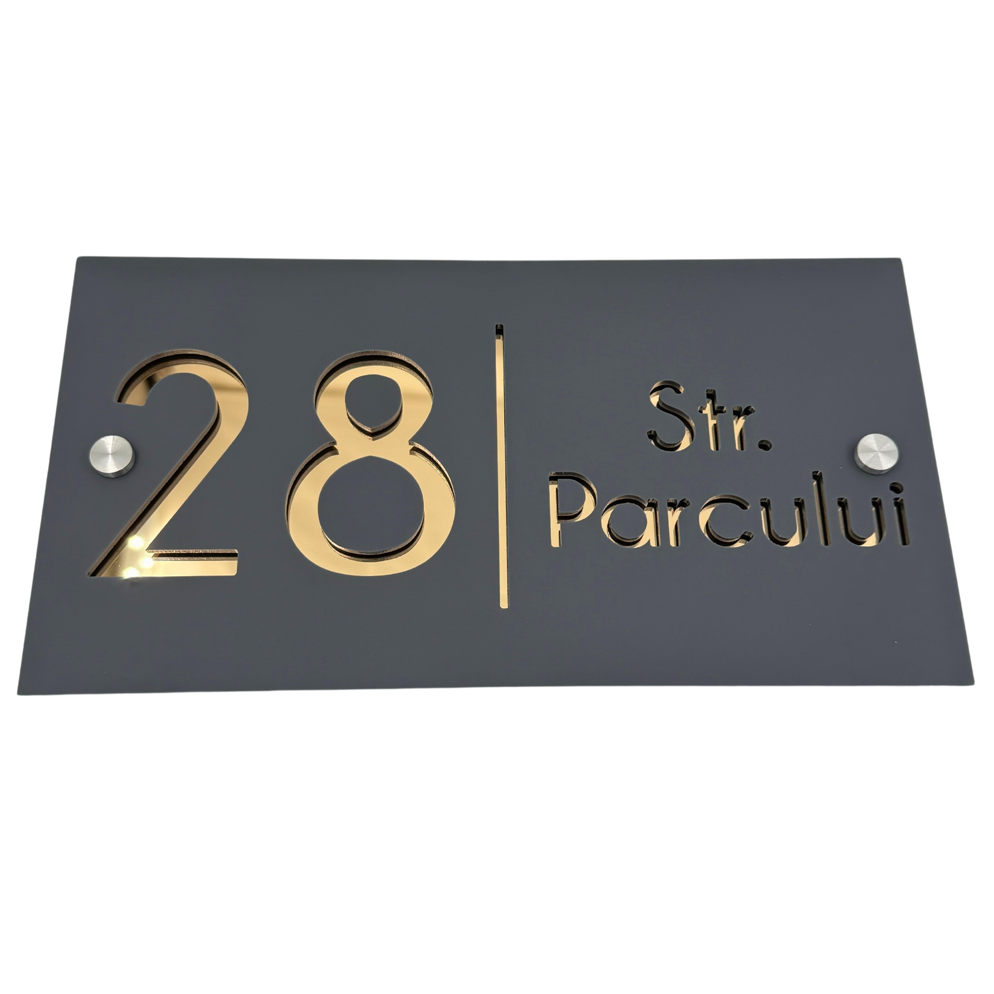 PREMIUM HOUSE NUMBER - Satin Grey Gold Mirror 2 Spacers Silver - 28×15 cm