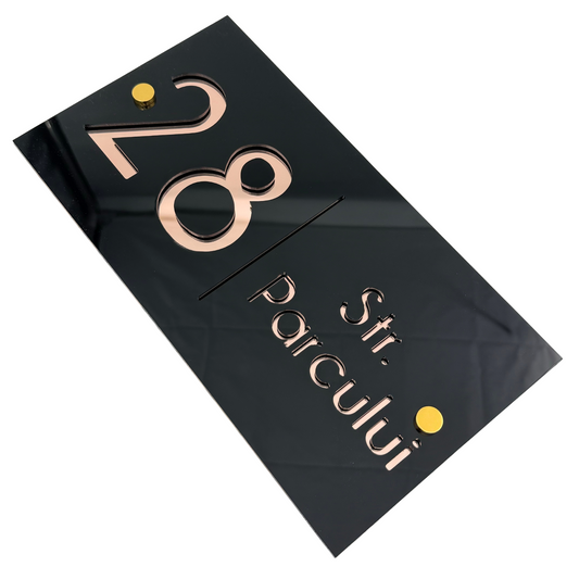 PREMIUM HOUSE NUMBER - Glossy Black Rose Gold Mirror 2 Spacers Gold - 28×15 cm