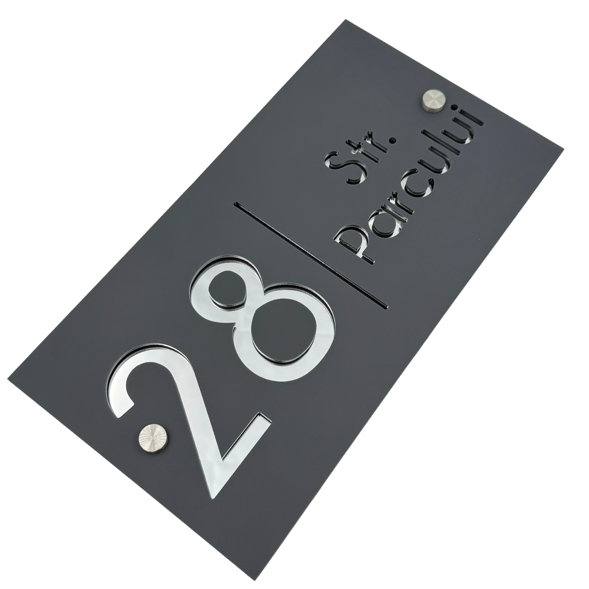 PREMIUM HOUSE NUMBER - Satin Grey Silver Mirror 2 Spacers Silver - 28×15 cm