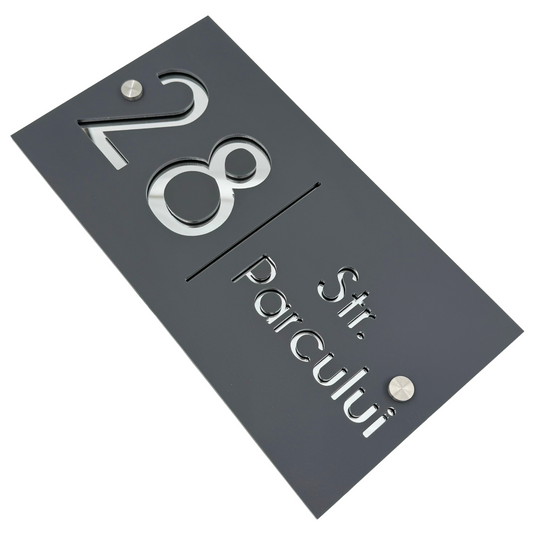 PREMIUM HOUSE NUMBER - Satin Grey Silver Mirror 2 Spacers Silver - 28×15 cm