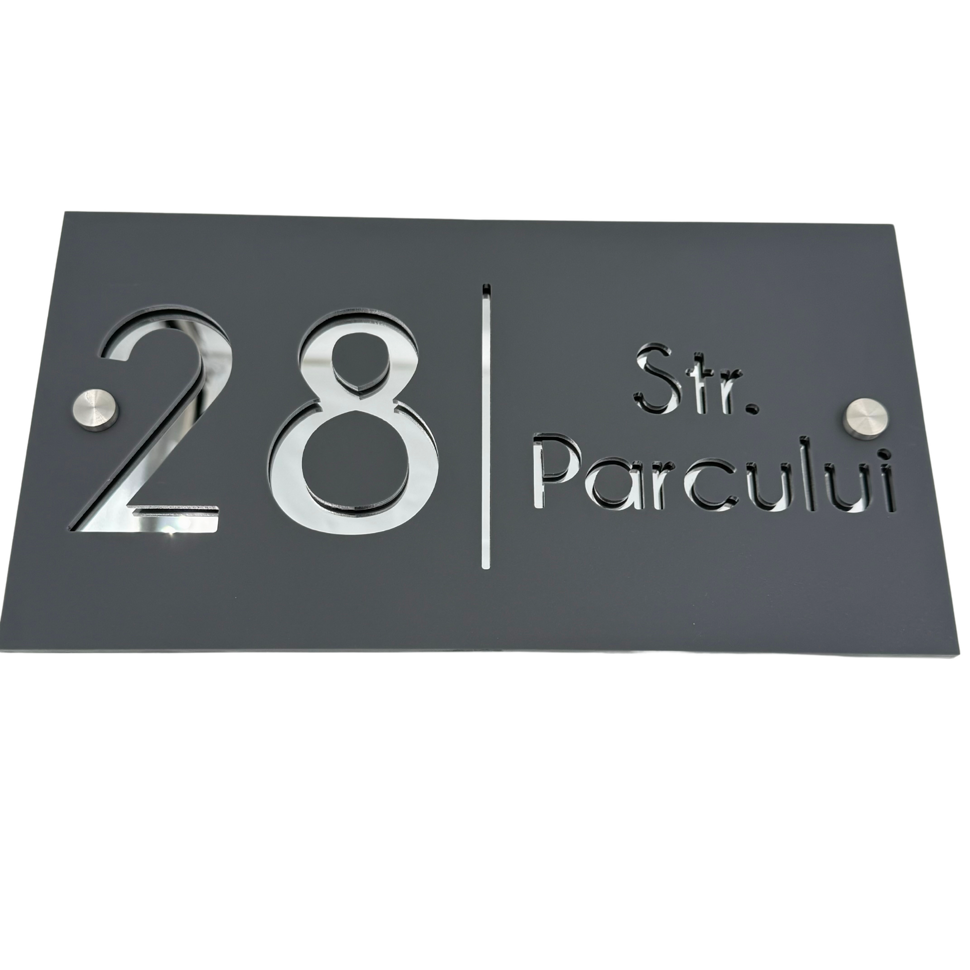 PREMIUM HOUSE NUMBER - Satin Grey Silver Mirror 2 Spacers Silver - 28×15 cm