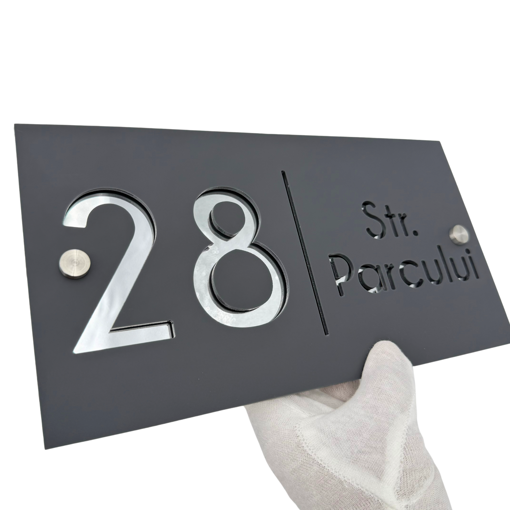 PREMIUM HOUSE NUMBER - Satin Grey Silver Mirror 2 Spacers Silver - 28×15 cm