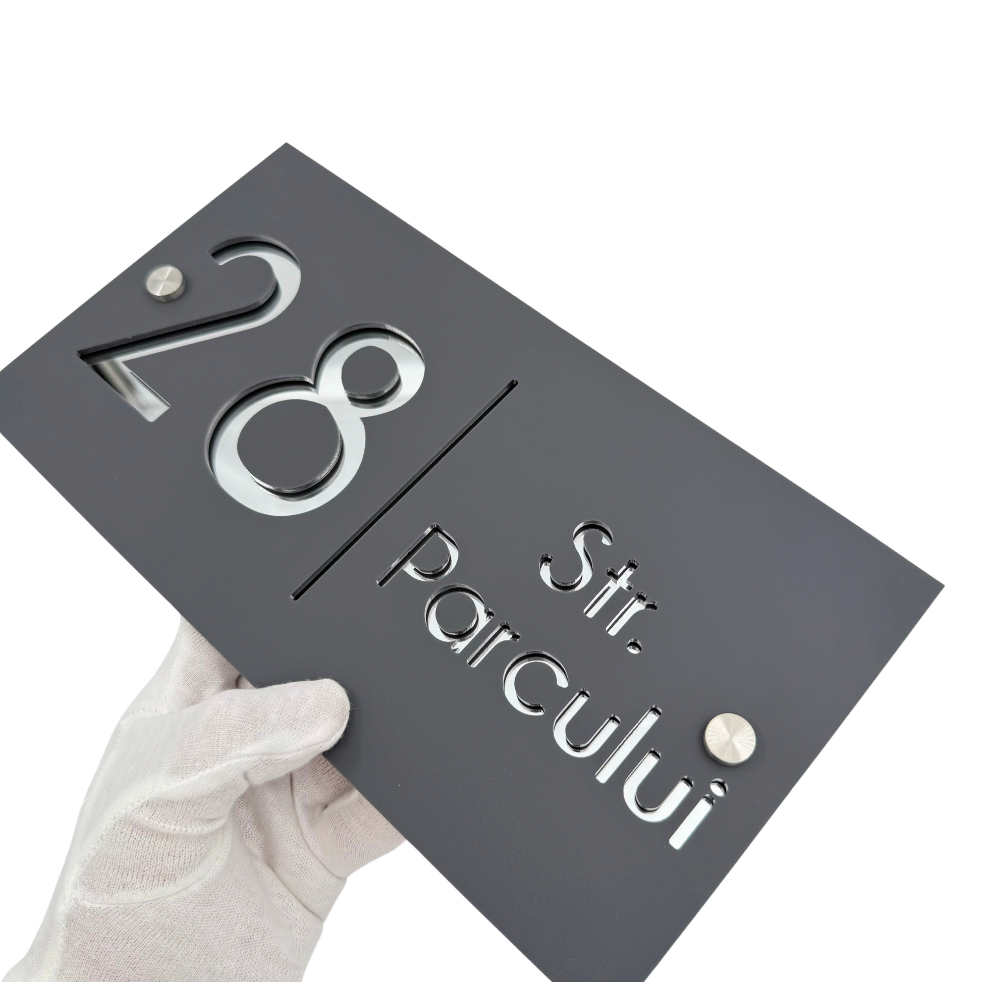 PREMIUM HOUSE NUMBER - Satin Grey Silver Mirror 2 Spacers Silver - 28×15 cm
