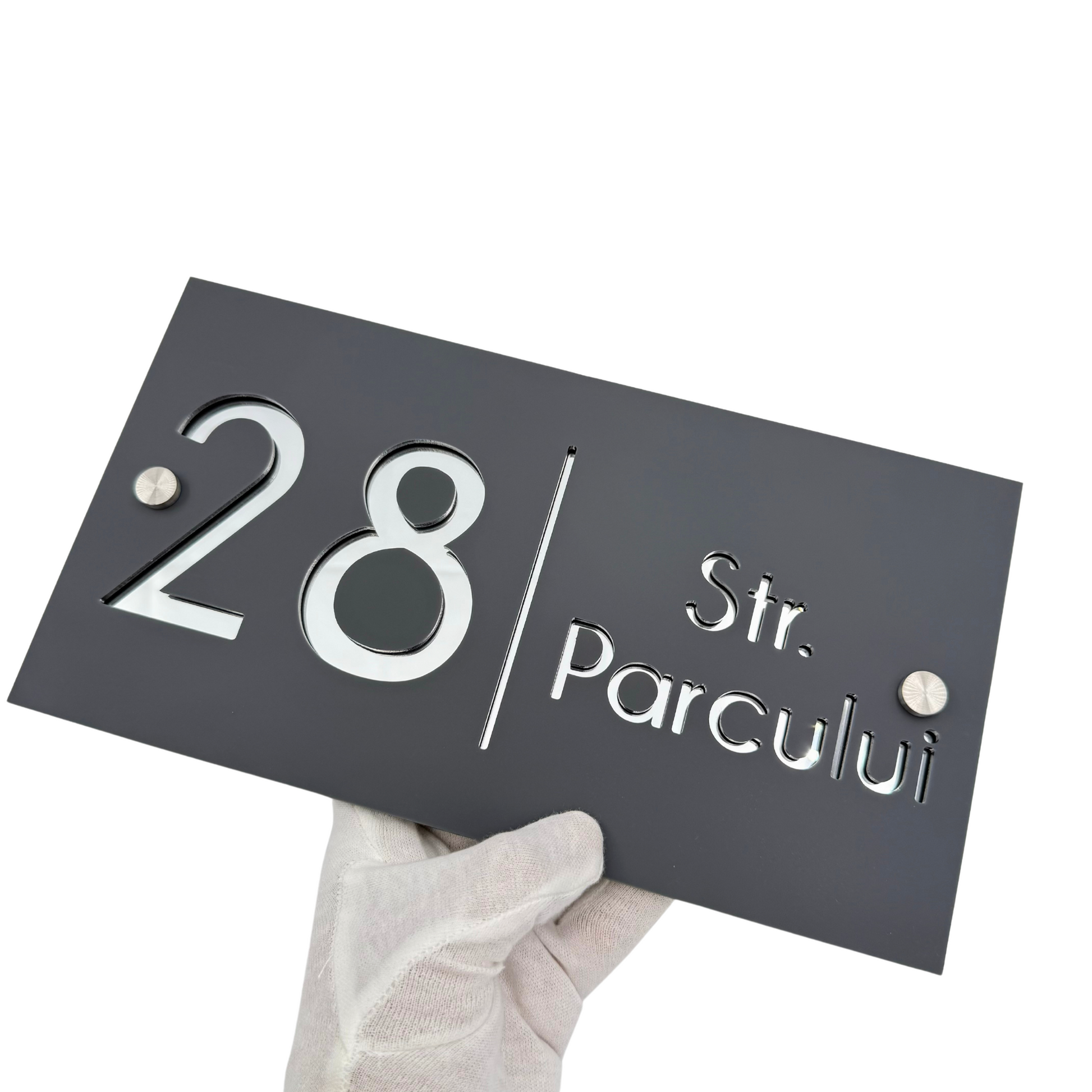 PREMIUM HOUSE NUMBER - Satin Grey Silver Mirror 2 Spacers Silver - 28×15 cm