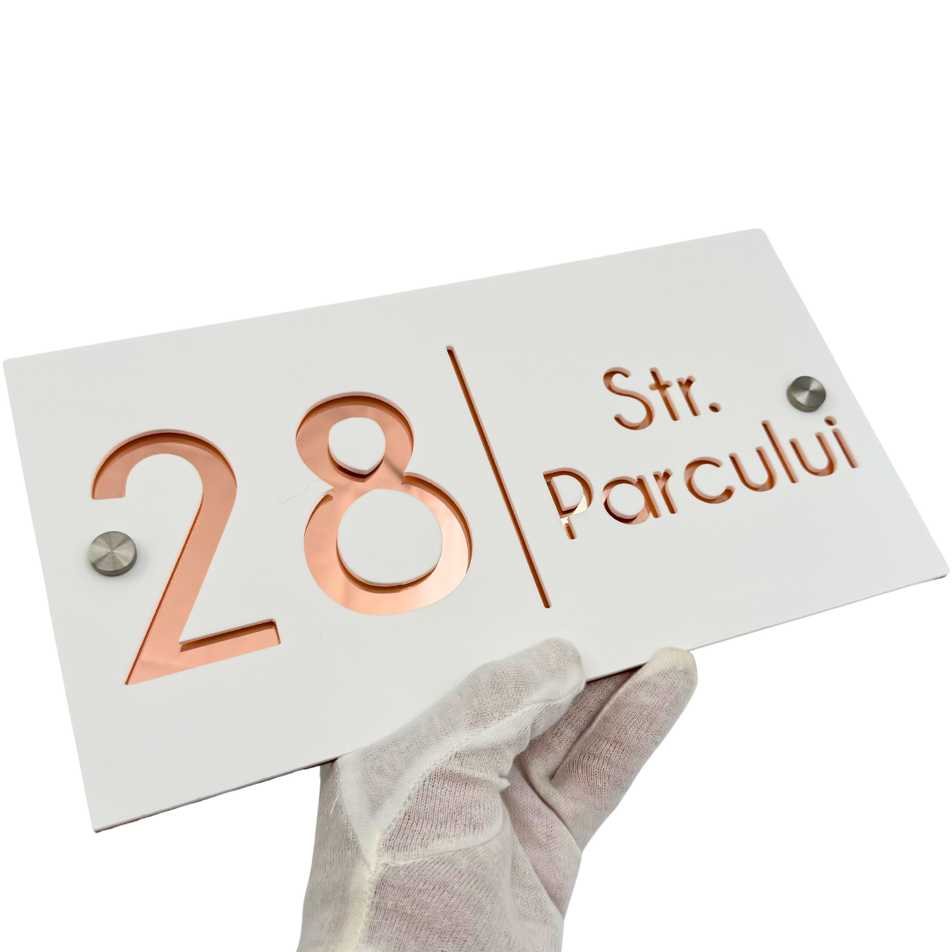 PREMIUM HOUSE NUMBER - White Satin Roze Silver Mirror 2 Spacers Silver - 28×15 cm