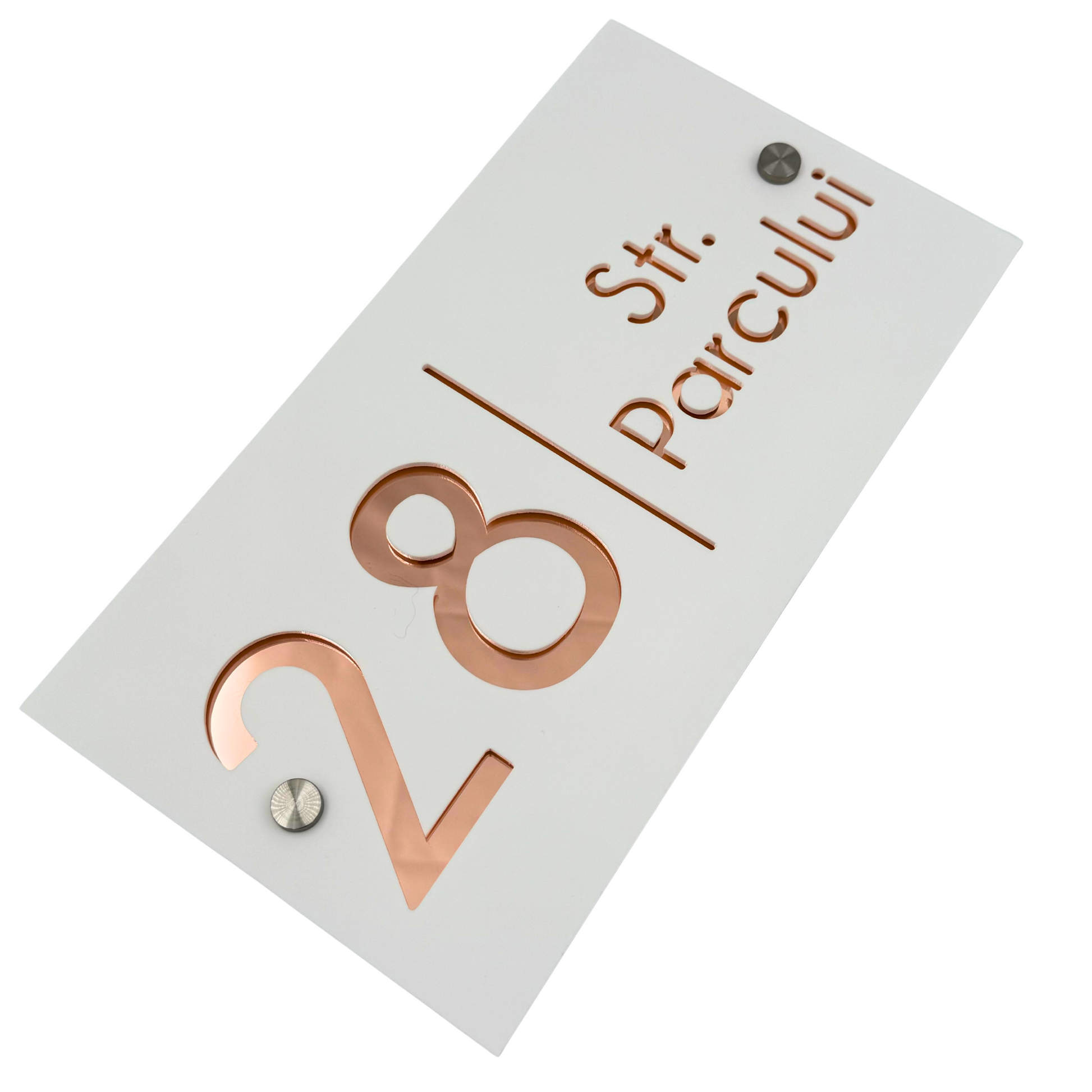 PREMIUM HOUSE NUMBER - White Satin Roze Silver Mirror 2 Spacers Silver - 28×15 cm