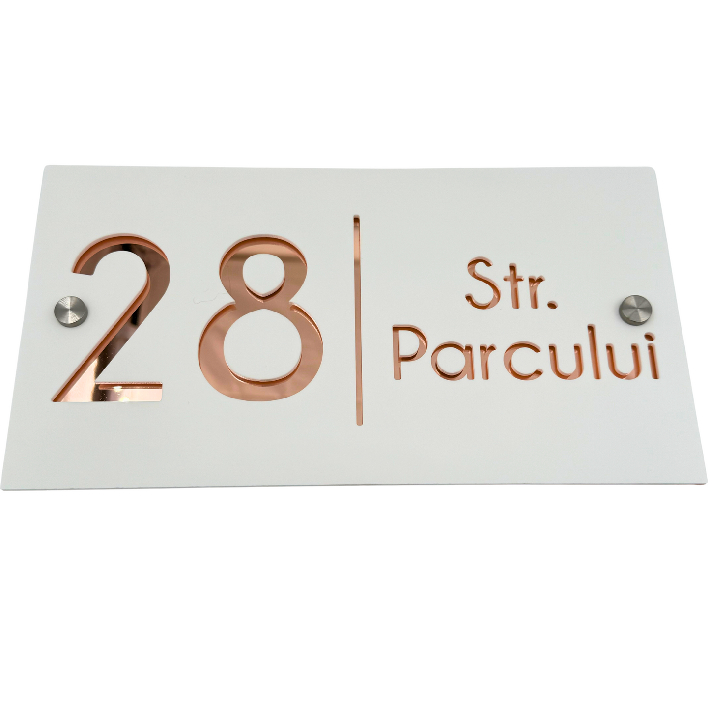 PREMIUM HOUSE NUMBER - White Satin Roze Silver Mirror 2 Spacers Silver - 28×15 cm