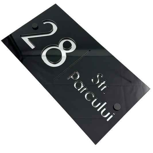 PREMIUM HOUSE NUMBER - Glossy Black Silver Mirror 2 Spacers NeGreyi - 28×15 cm