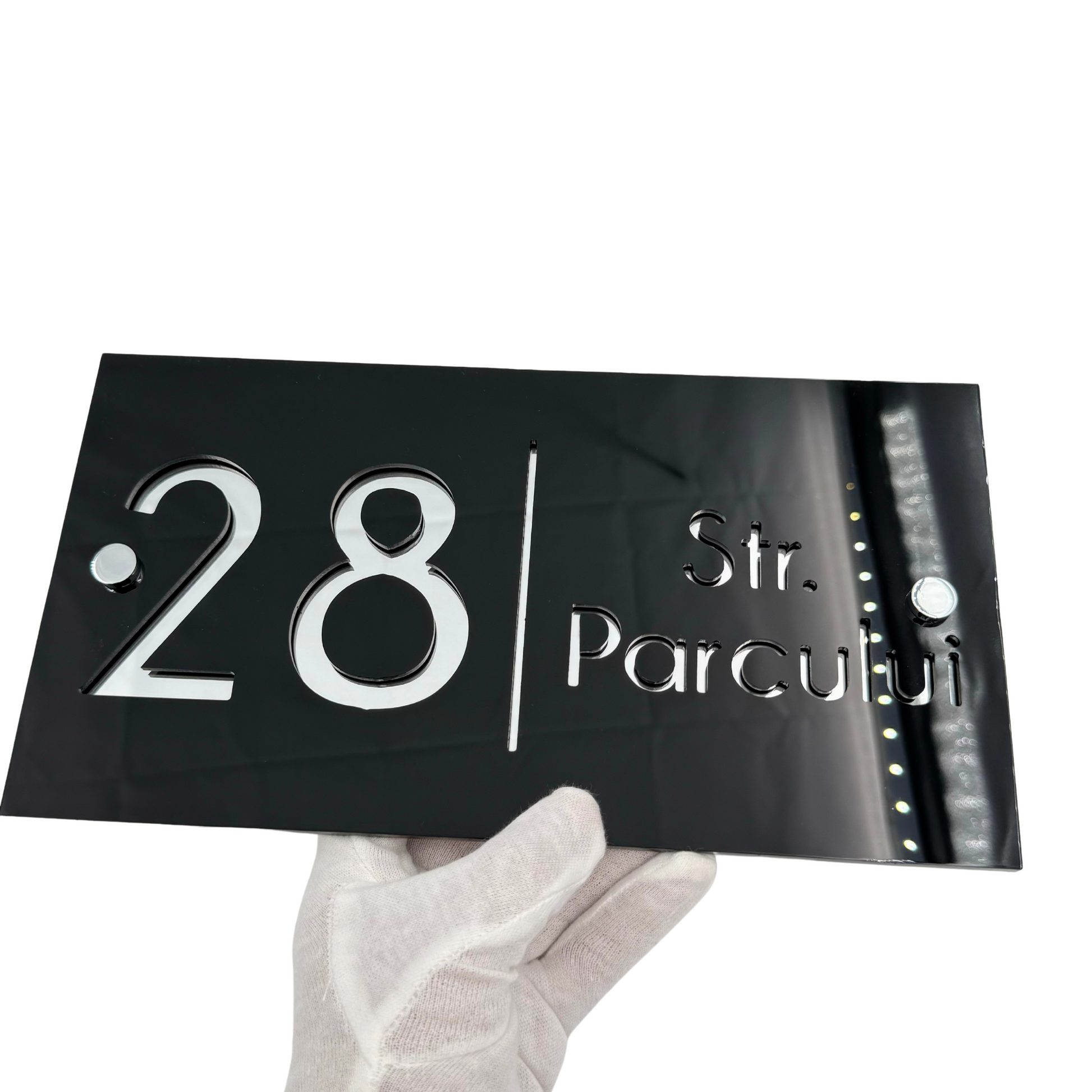 PREMIUM HOUSE NUMBER - Glossy Black Silver Mirror 2 Spacers Silver - 28×15 cm