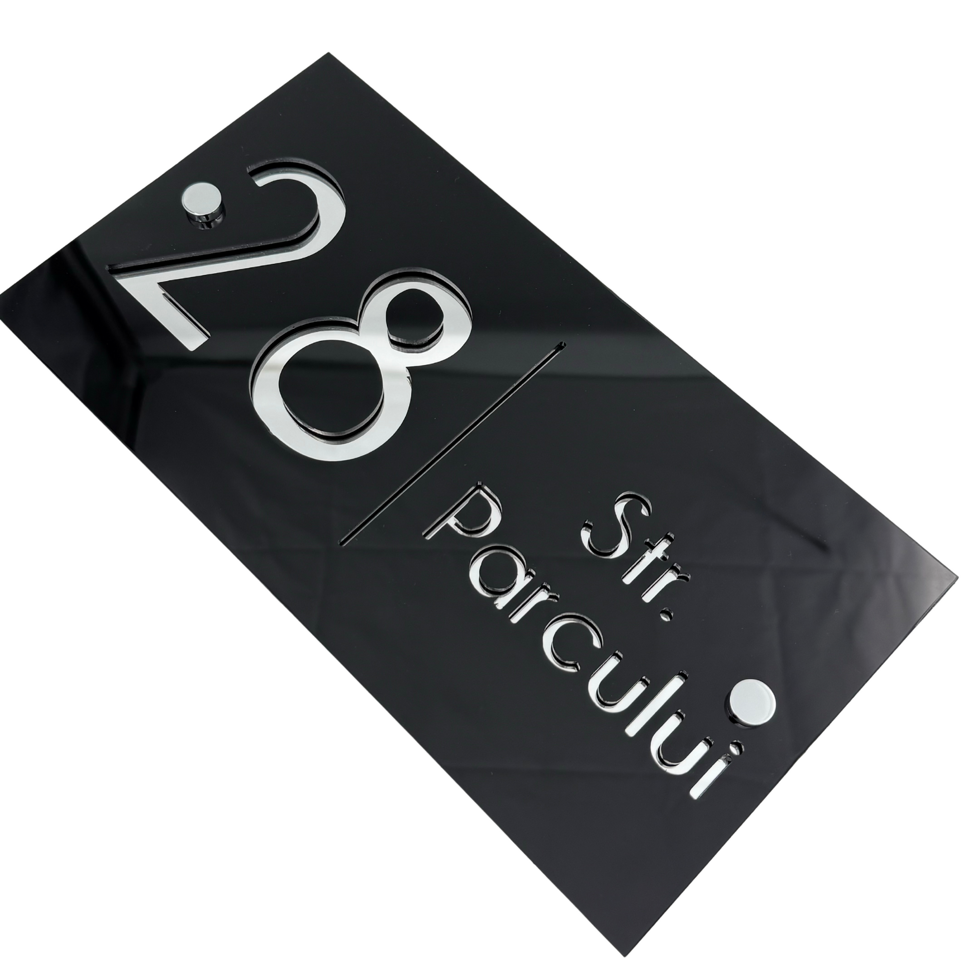 PREMIUM HOUSE NUMBER - Glossy Black Silver Mirror 2 Spacers Silver - 28×15 cm
