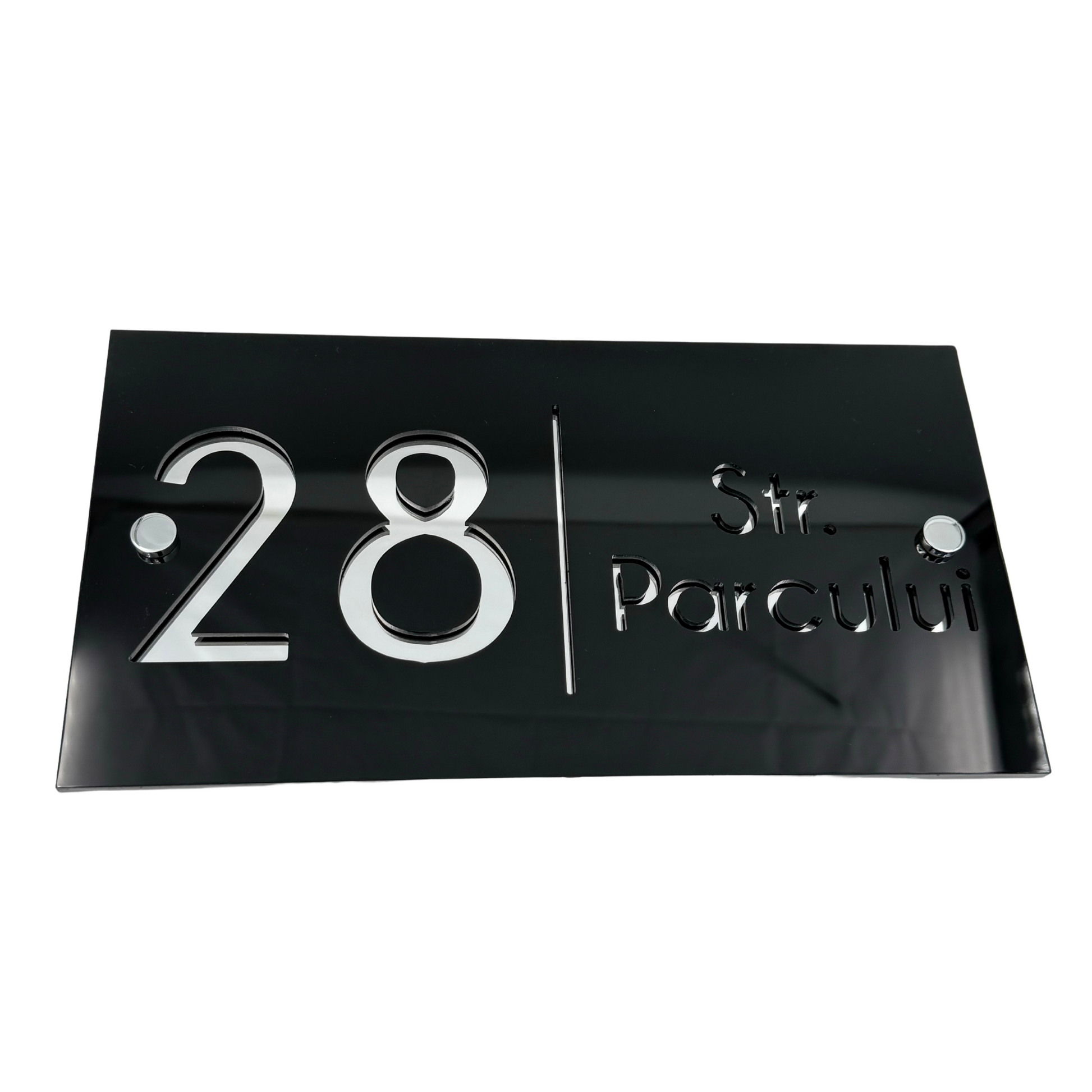 PREMIUM HOUSE NUMBER - Glossy Black Silver Mirror 2 Spacers Silver - 28×15 cm