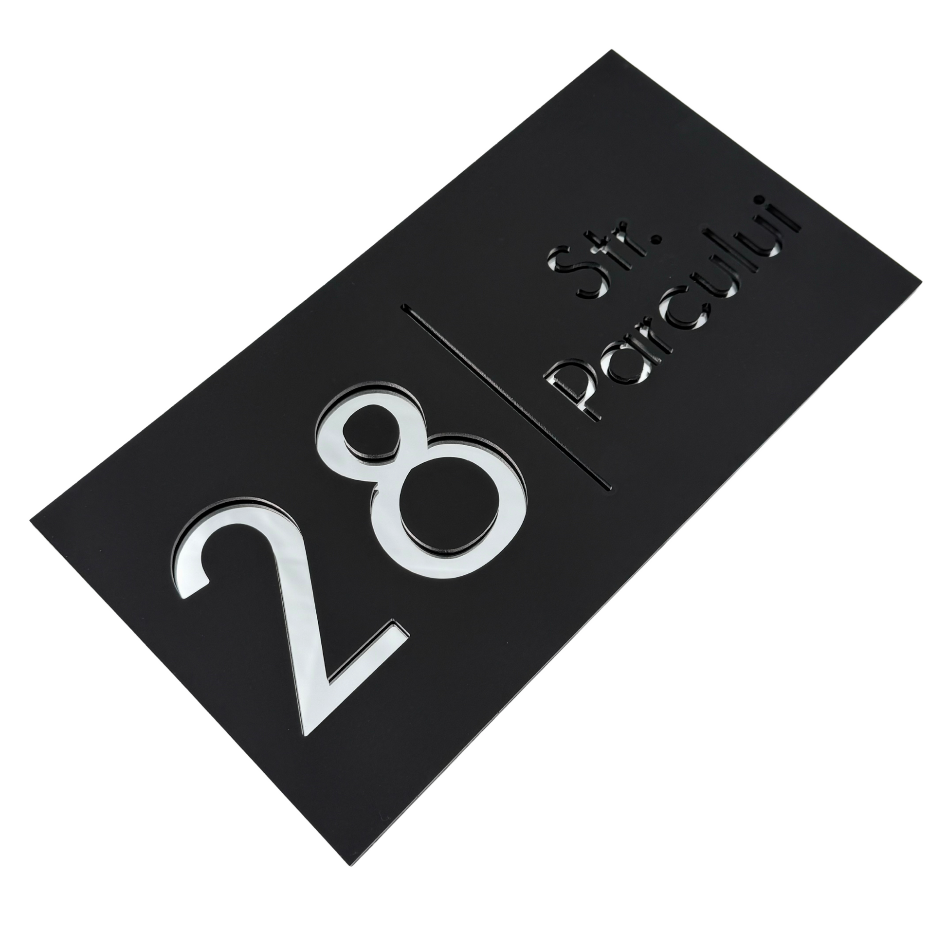 PREMIUM HOUSE NUMBER - Satin Black Silver Mirror - 28×15 cm