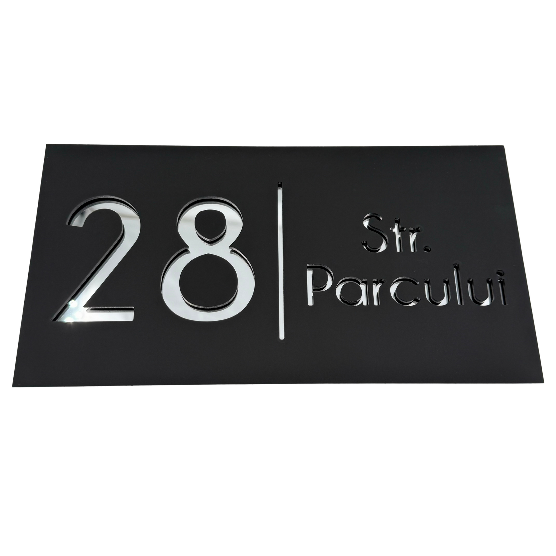 PREMIUM HOUSE NUMBER - Satin Black Silver Mirror - 28×15 cm
