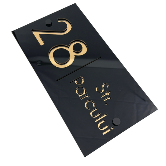 PREMIUM HOUSE NUMBER - Glossy Black Gold Mirror 2 Spacers NeGreyi - 28×15 cm