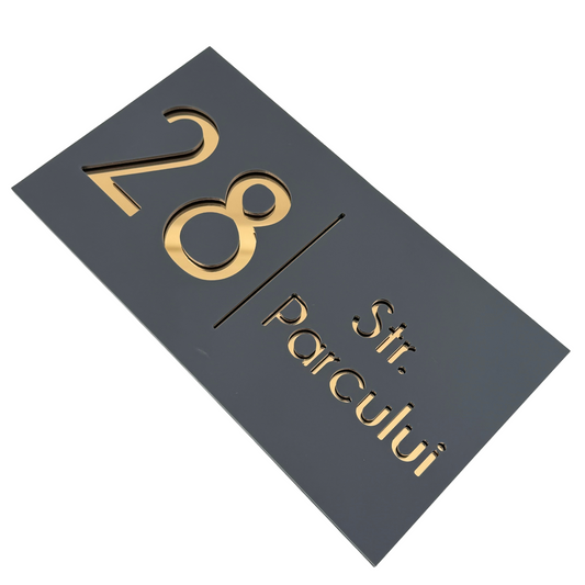 PREMIUM HOUSE NUMBER - Satin Grey Gold Mirror - 28×15 cm