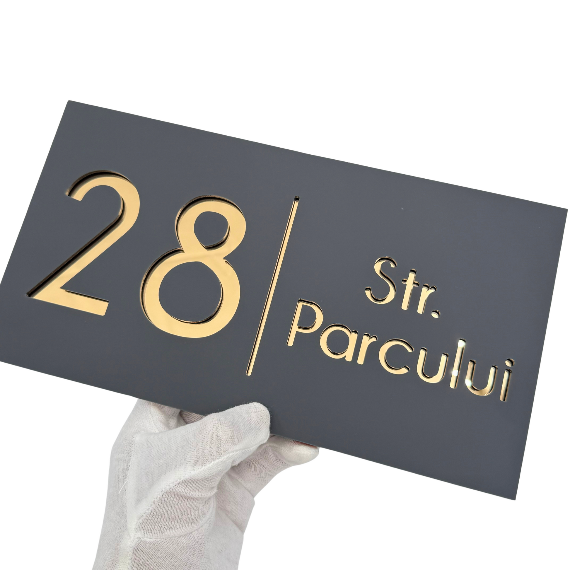 PREMIUM HOUSE NUMBER - Satin Grey Gold Mirror - 28×15 cm
