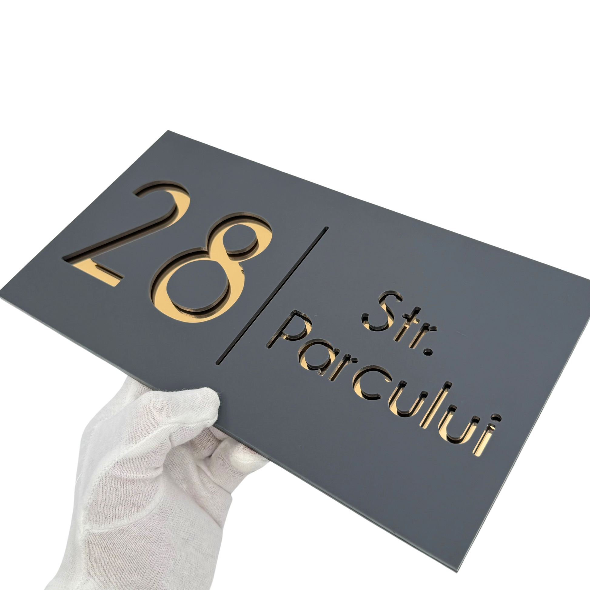 PREMIUM HOUSE NUMBER - Satin Grey Gold Mirror - 28×15 cm