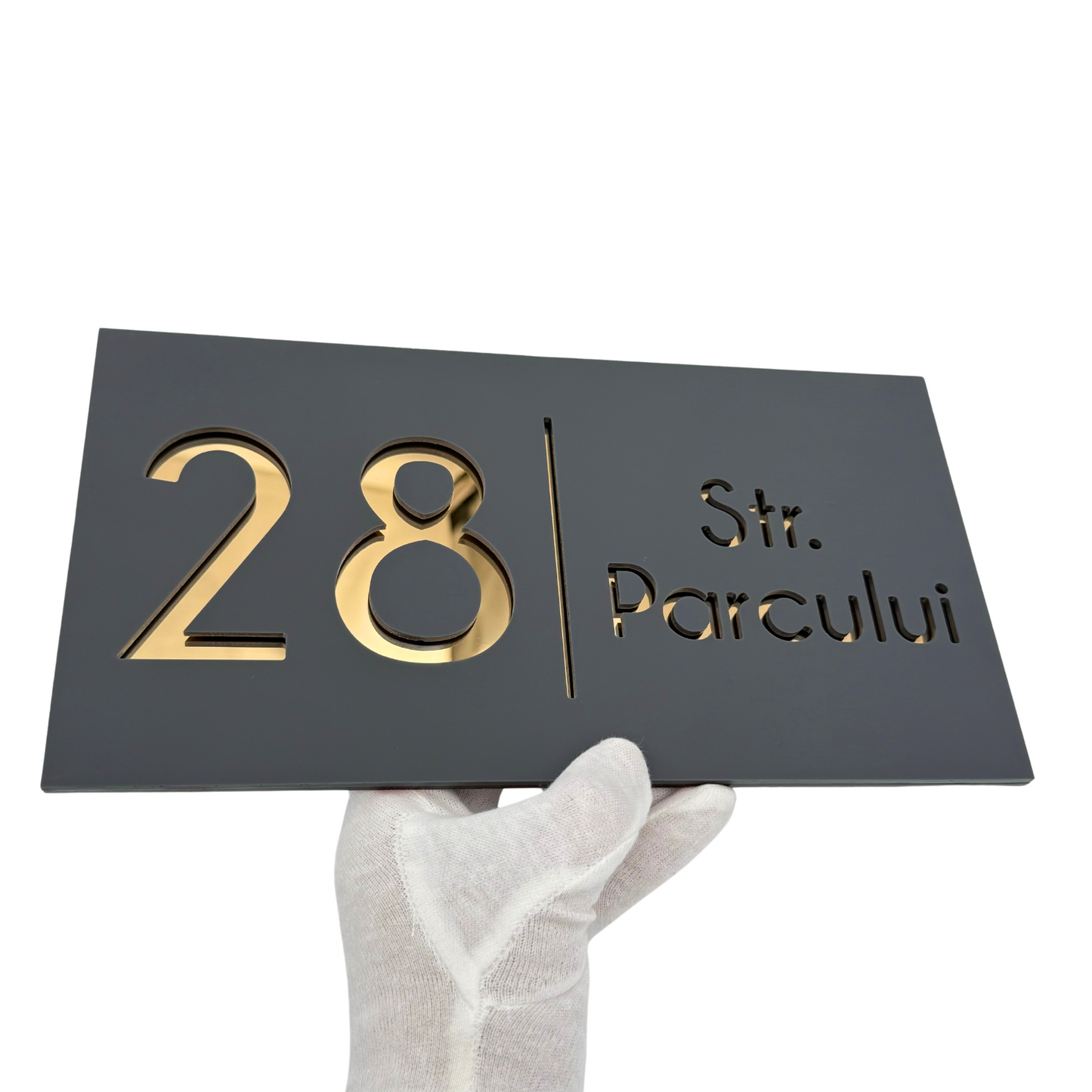 PREMIUM HOUSE NUMBER - Satin Grey Gold Mirror - 28×15 cm
