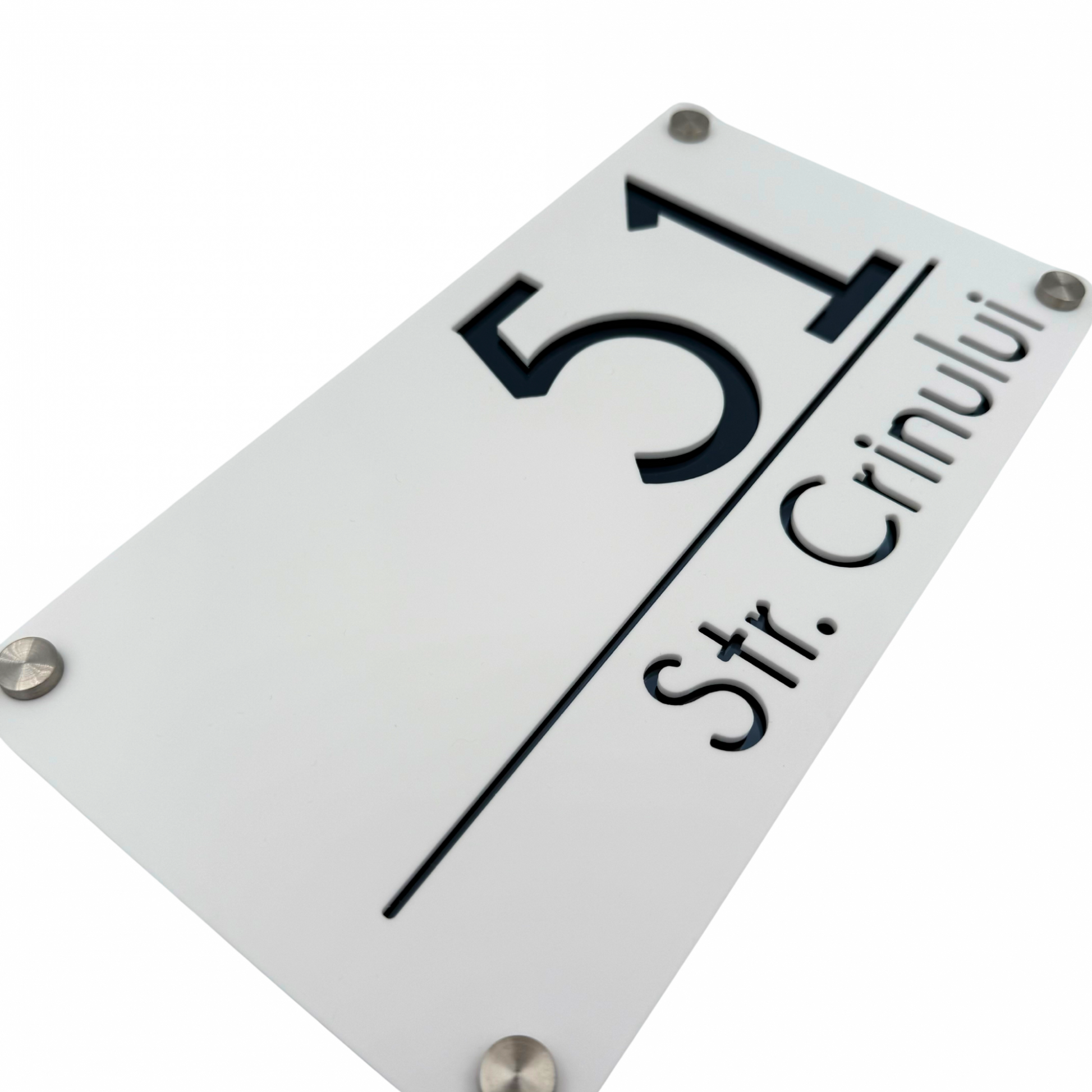 PREMIUM HOUSE NUMBER - White Satin Anthracite Grey Mirror 4 Spacers Silver - 28×15 cm