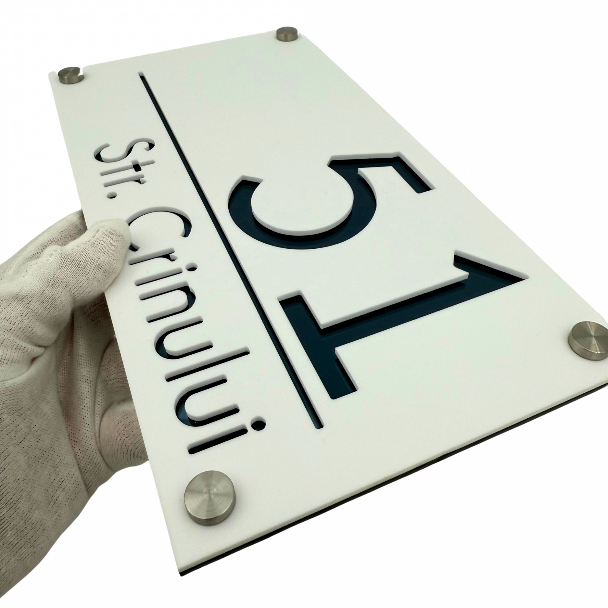 PREMIUM HOUSE NUMBER - White Satin Anthracite Grey Mirror 4 Spacers Silver - 28×15 cm