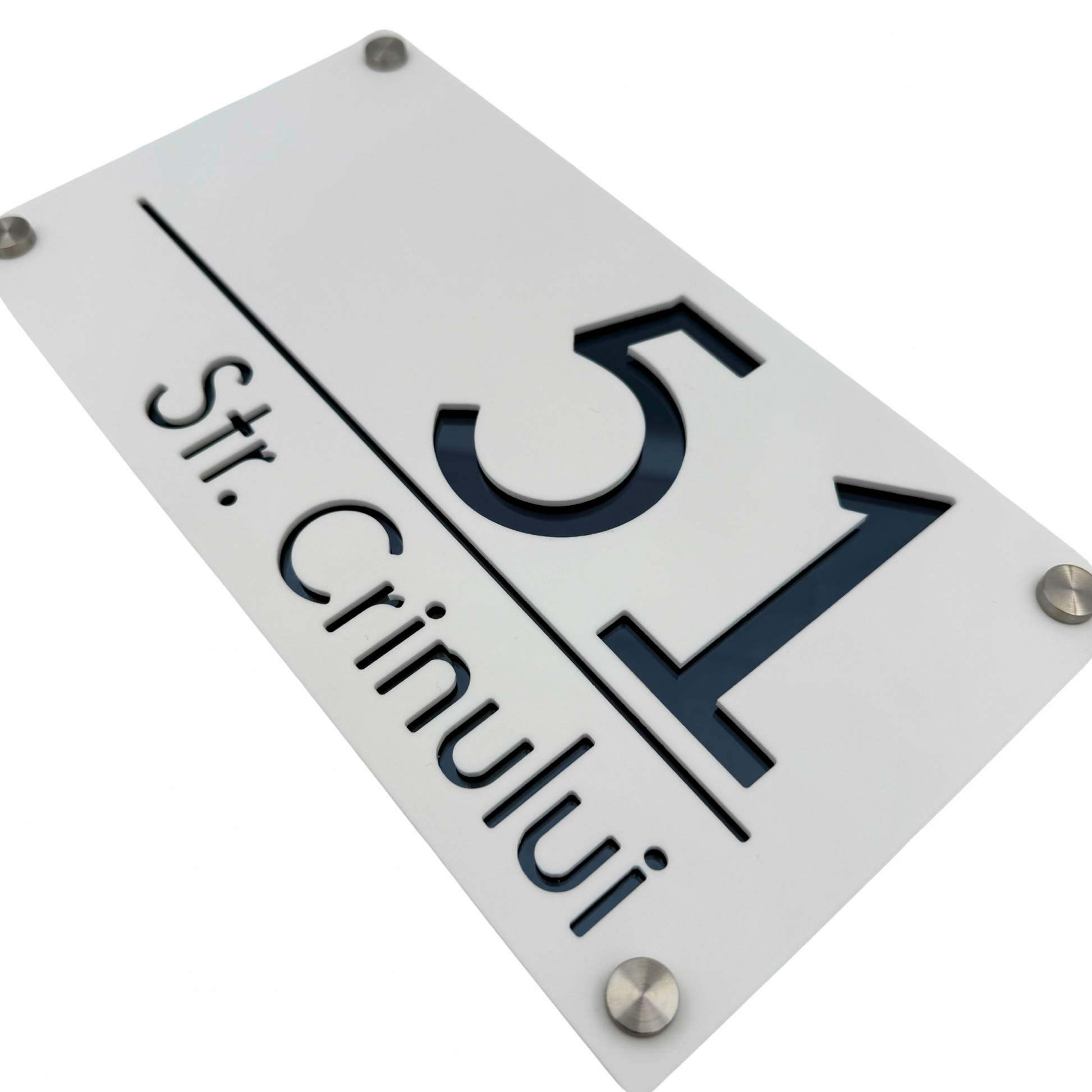 PREMIUM HOUSE NUMBER - White Satin Anthracite Grey Mirror 4 Spacers Silver - 28×15 cm