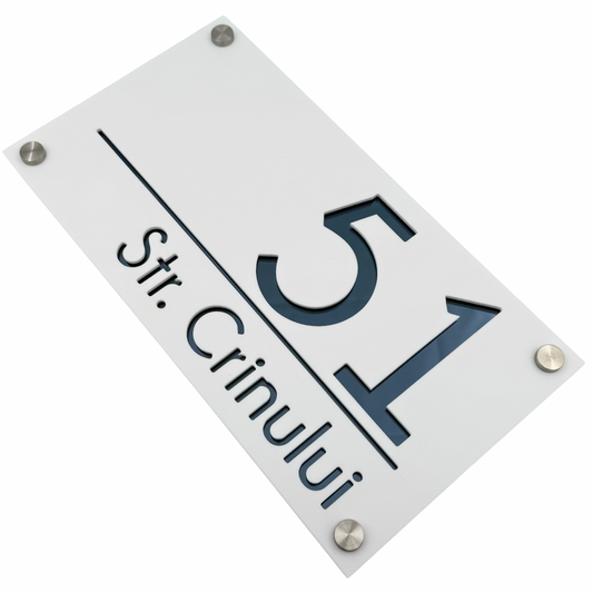 PREMIUM HOUSE NUMBER - White Satin Anthracite Grey Mirror 4 Spacers Silver - 28×15 cm