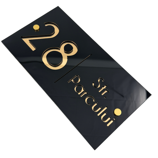 PREMIUM HOUSE NUMBER - Glossy Black Gold Mirror 2 Spacers Gold - 28×15 cm