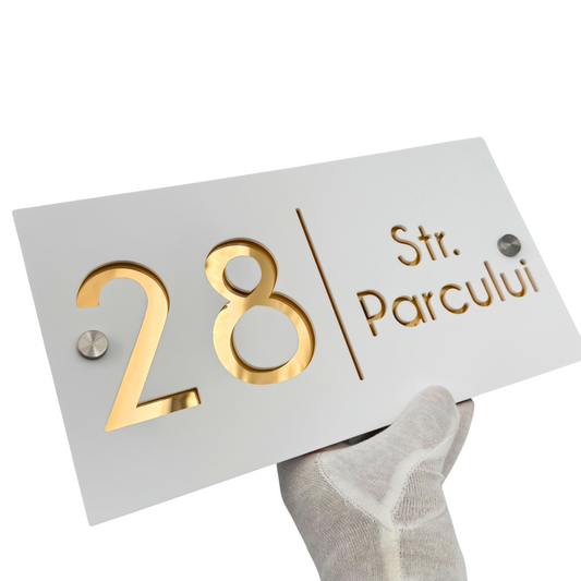 PREMIUM HOUSE NUMBER - White Satin Gold Mirror 2 Spacers Silver - 28×15 cm