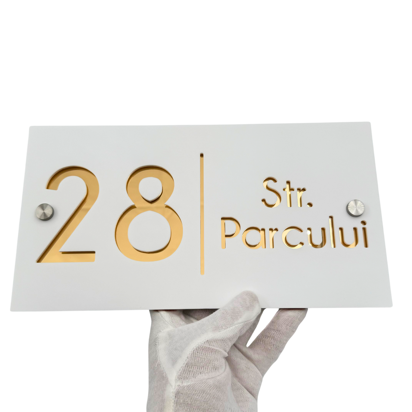 PREMIUM HOUSE NUMBER - White Satin Gold Mirror 2 Spacers Silver - 28×15 cm