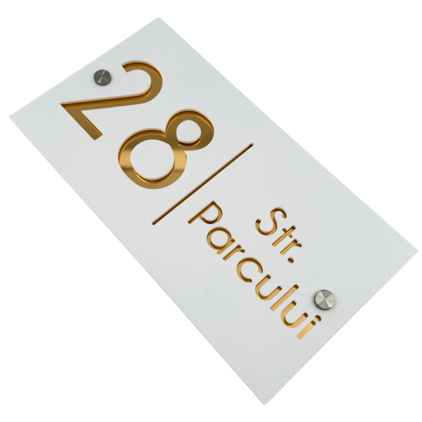 PREMIUM HOUSE NUMBER - White Satin Gold Mirror 2 Spacers Silver - 28×15 cm