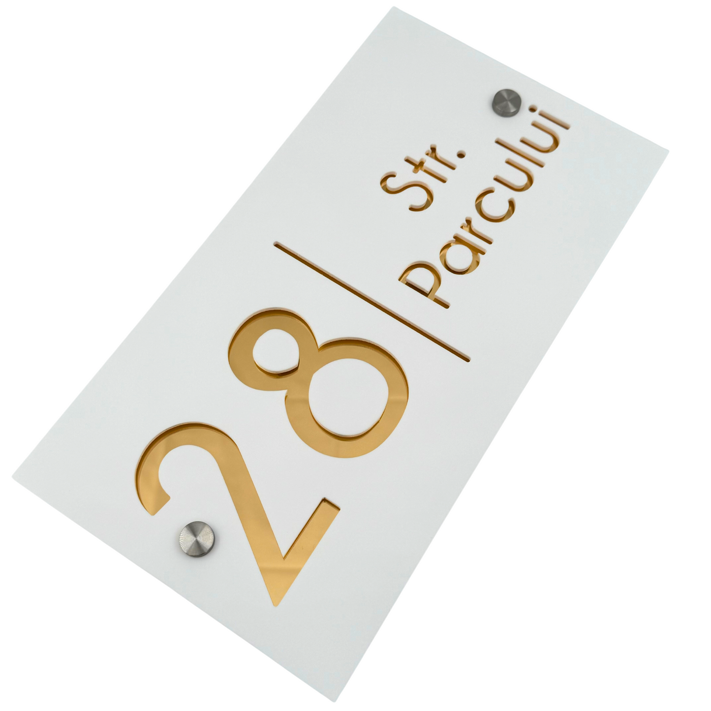 PREMIUM HOUSE NUMBER - White Satin Gold Mirror 2 Spacers Silver - 28×15 cm